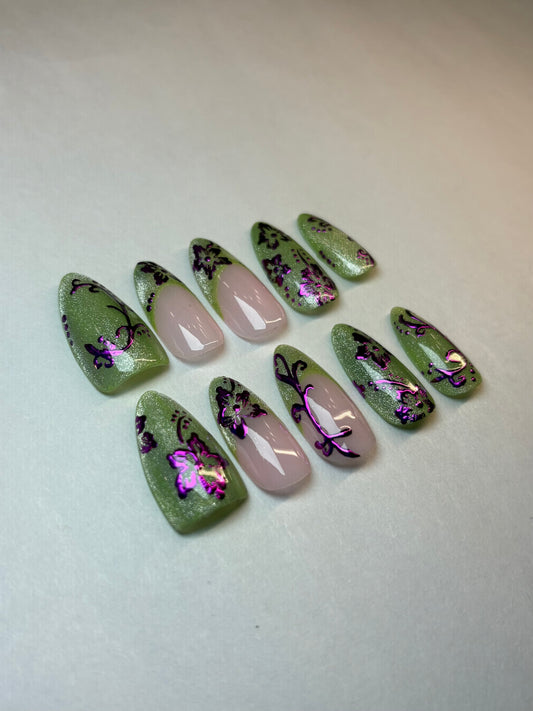 Cat eye & Chrome Hibiscus Flower Press-On Nails