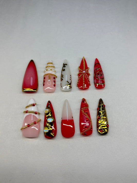 Red & Gold Maximalist Charm Press-On Nails