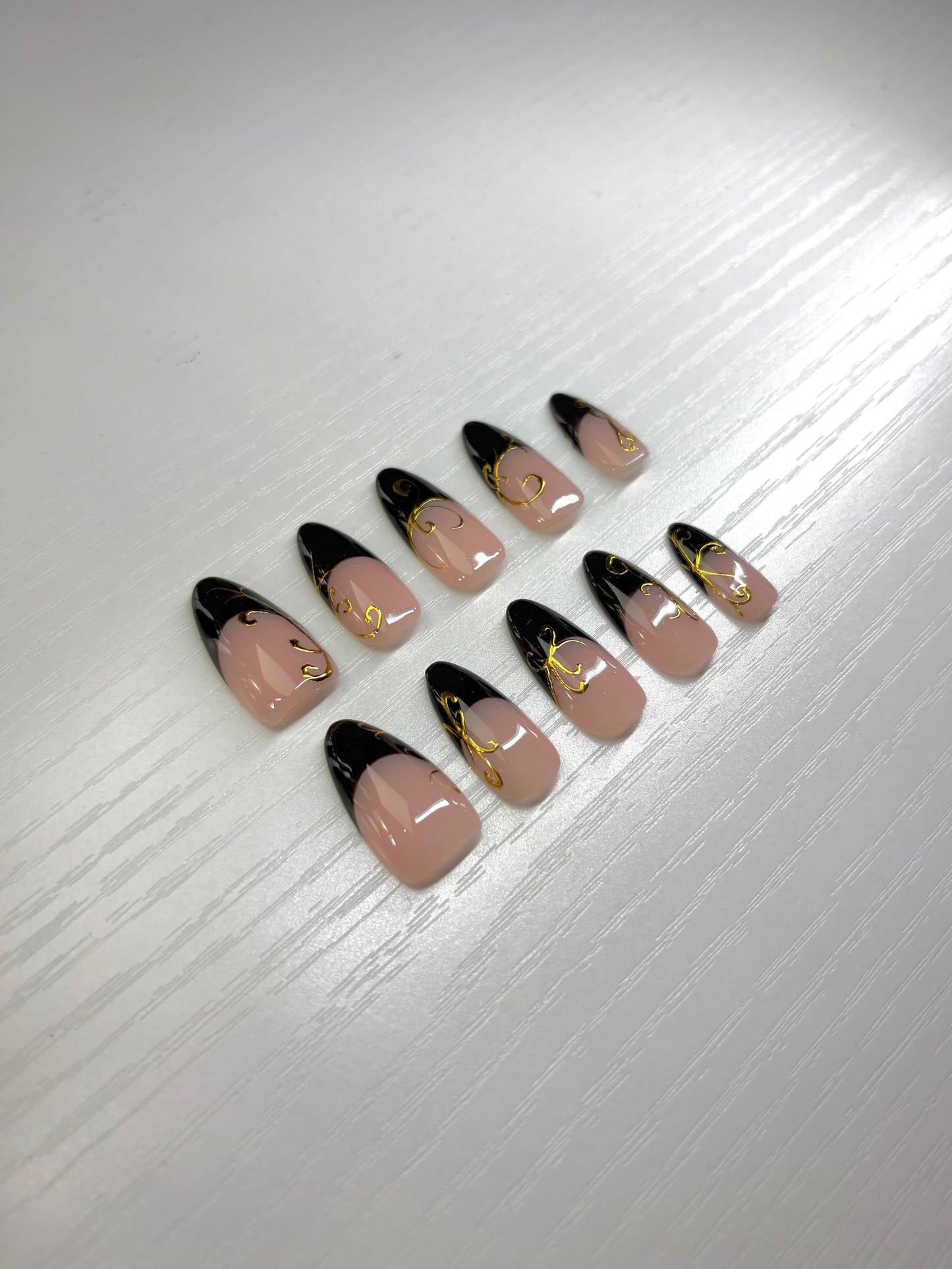 Black French Gold Chrome Lines Press-On Nails