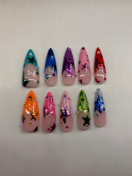 Multicolored Chrome Stars French Tip Press-On Nails