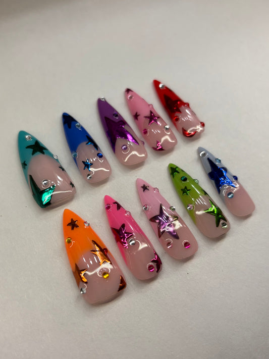 Multicolored Chrome Stars French Tip Press-On Nails