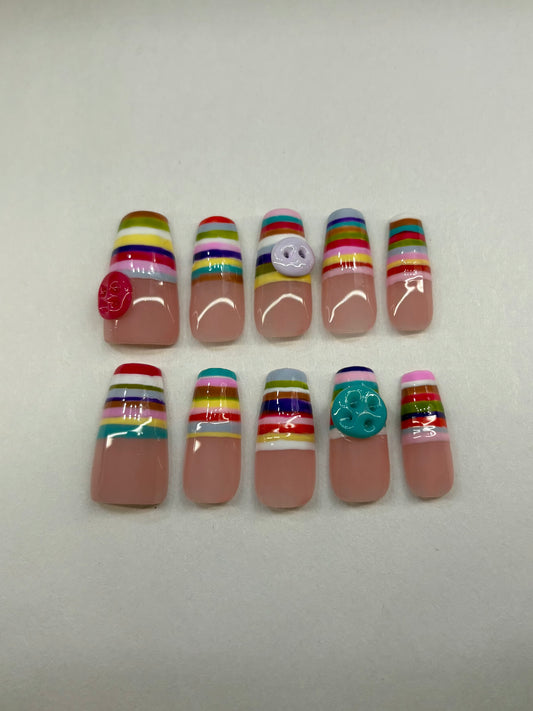 Multicolored Striped Sweater French Tip Press-On Nails