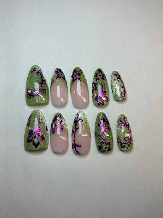 Cat eye & Chrome Hibiscus Flower Press-On Nails