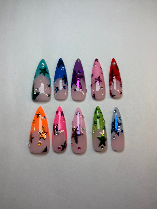 Multicolored Chrome Stars French Tip Press-On Nails