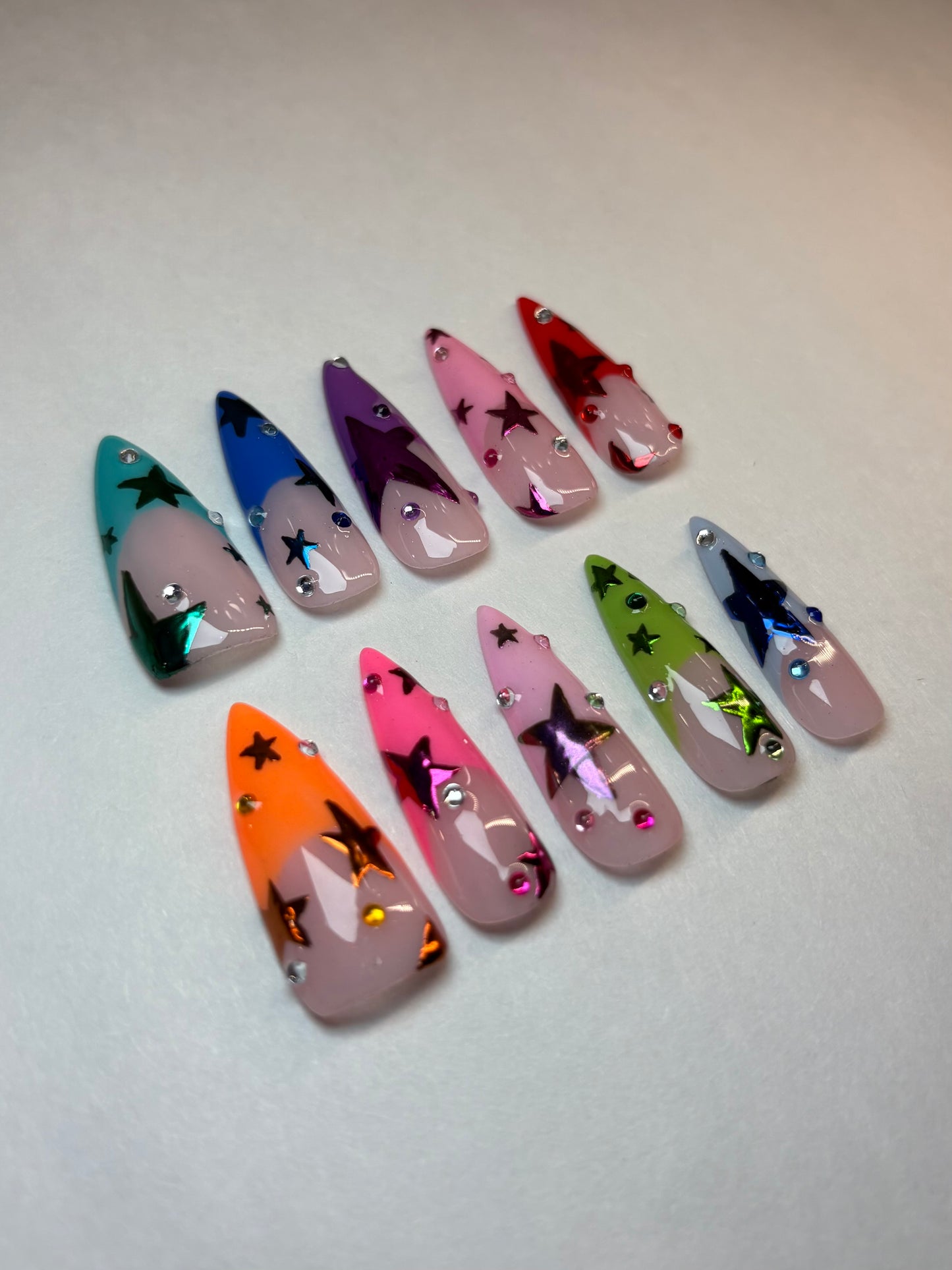 Multicolored Chrome Stars French Tip Press-On Nails