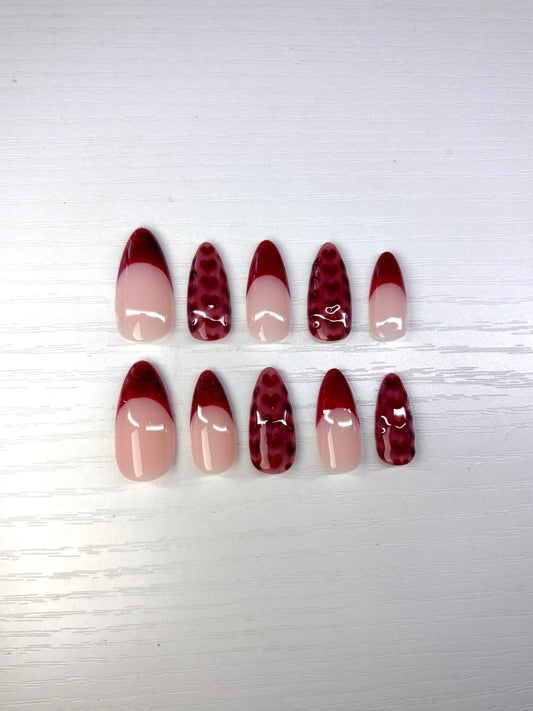 Red French Cat-Eye Polka-Dot Heart | Valentine's Day Press-On Nails